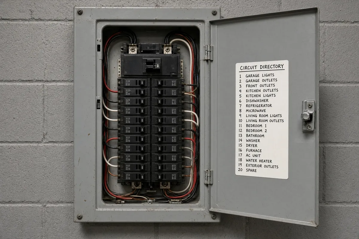 A full panel: every space is filled with breakers, leaving no room to add circuits.