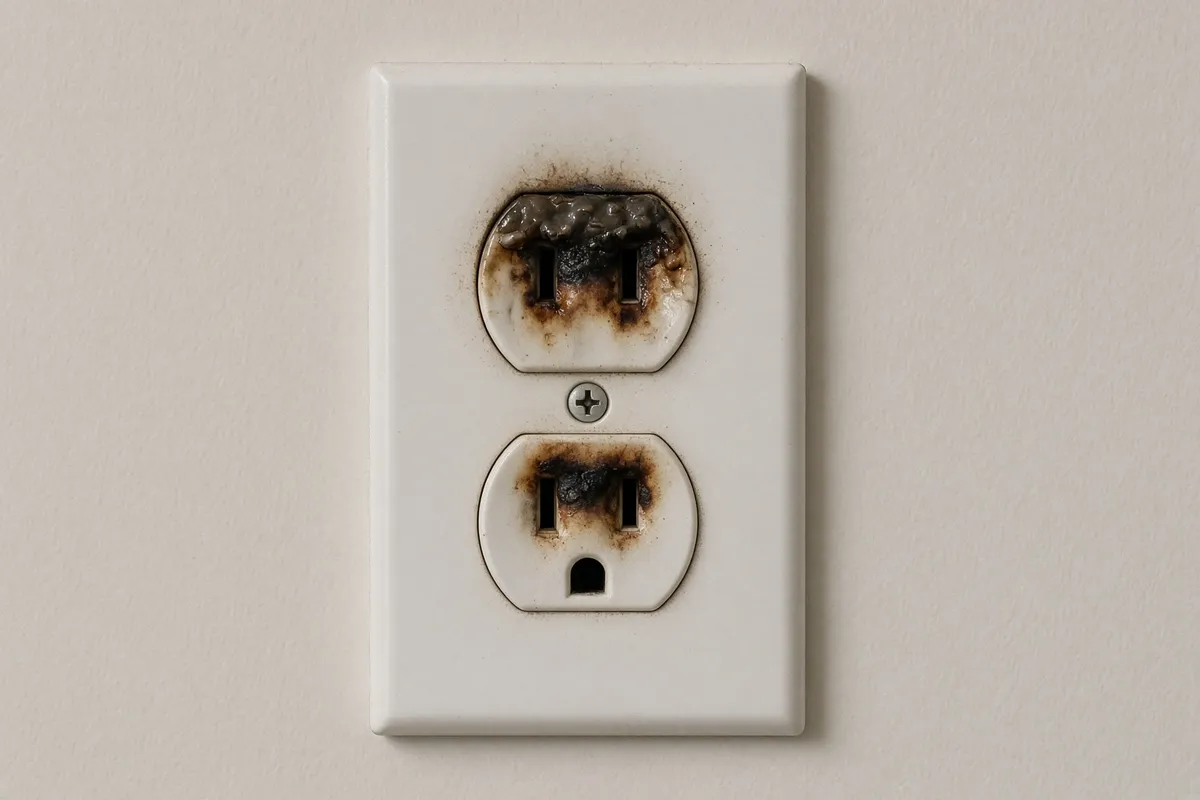 A scorched outlet: brown or black marks around the slots. Stop using it and have an electrician check it.